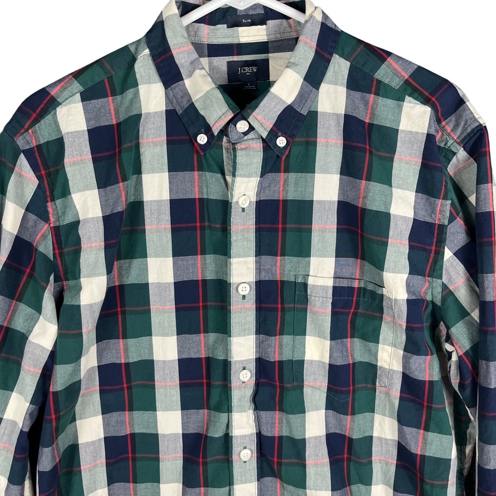 J.Crew Button Down Shirt Mens L Green Navy Plaid Slim Fit Long Sleeve Cotton